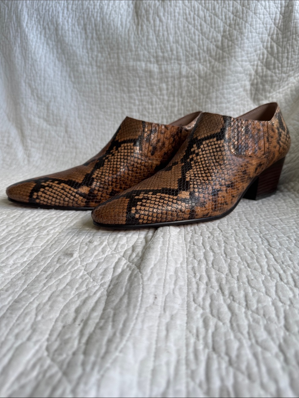 J Crew Women’s Brown Snake-Print Low Heel Booties